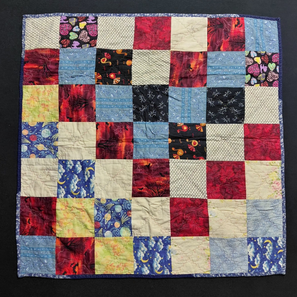 Handmade Quilt Patchwork Postage Stamp Throw 36x35.5 Hearts Bats Flowers Autom